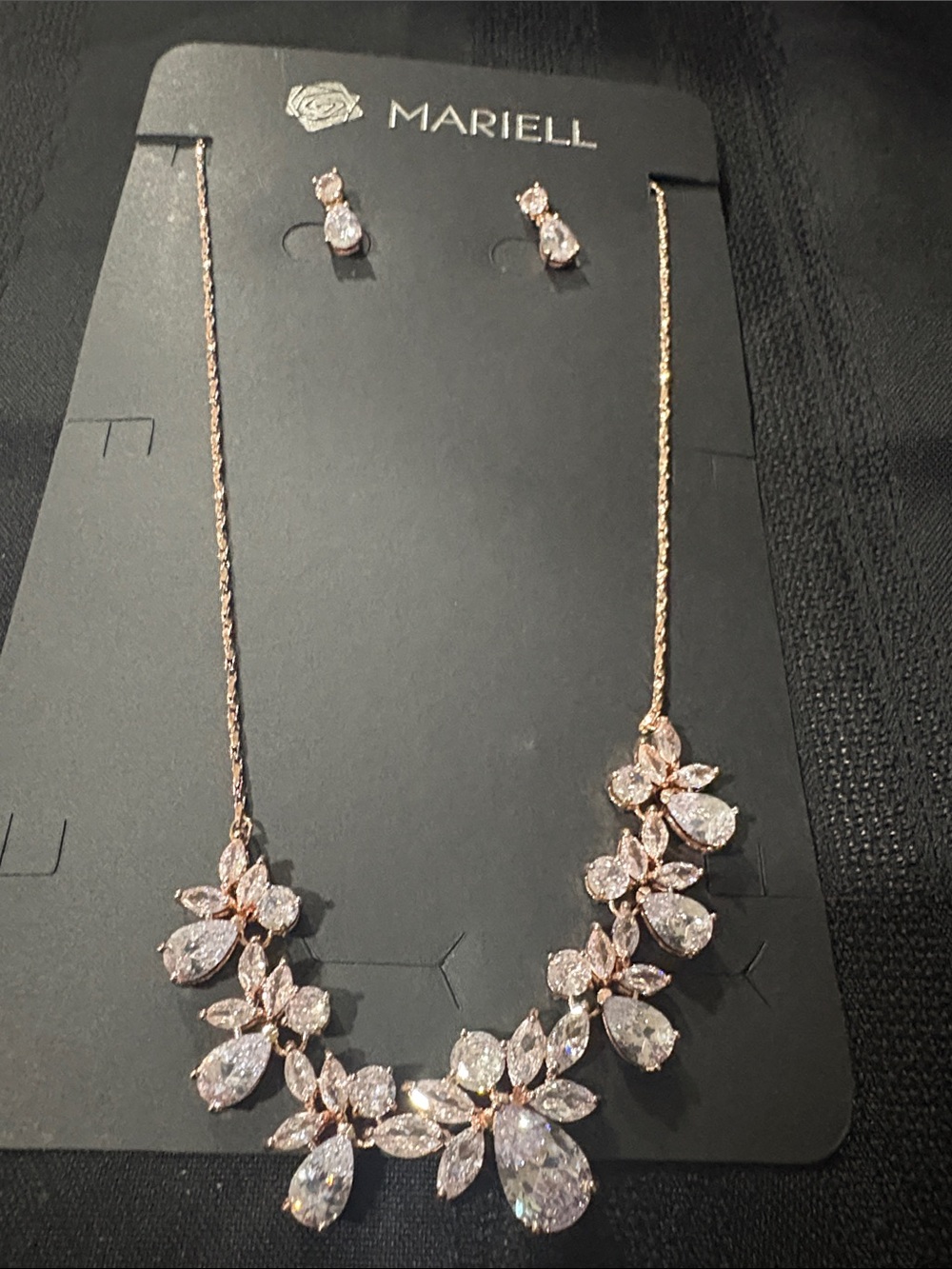 Rose Gold Crystal Floral Necklace and Earrings Set - Rose Gold
